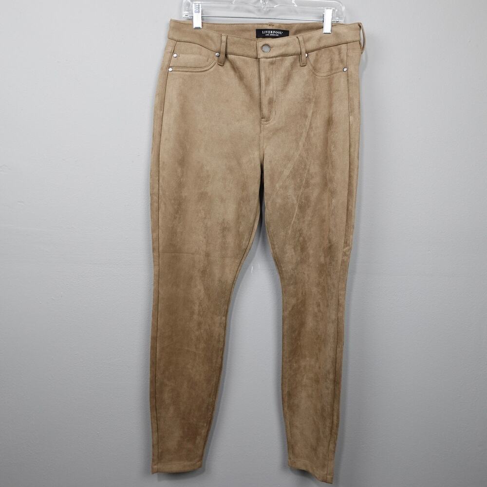 Liverpool Faux Suede Pants Sz 12 Moccasin Camel Tan Skinny‎ Leg High Rise